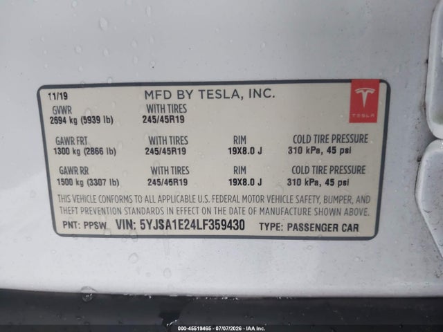 5YJSA1E24LF359430 Tesla Model S Long Range Dual Motor All-wheel Drive/long Range Plus Dual Motor All-wheel Drive
