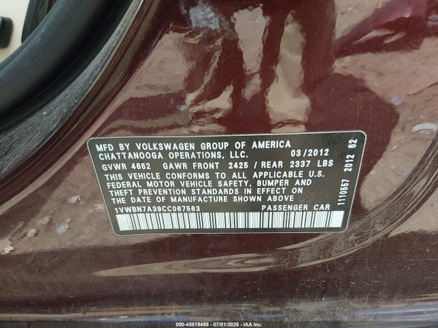 Aukcja sprzedaży 2012 Volkswagen Passat 2.0l Tdi Se, vin: 1VWBN7A39CC067563, numer aukcji: 45519498