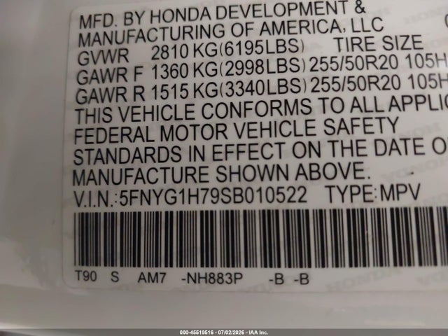 45519516 :رقم المزاد ، 5FNYG1H79SB010522 vin ، 2025 Honda Pilot Touring مزاد بيع
