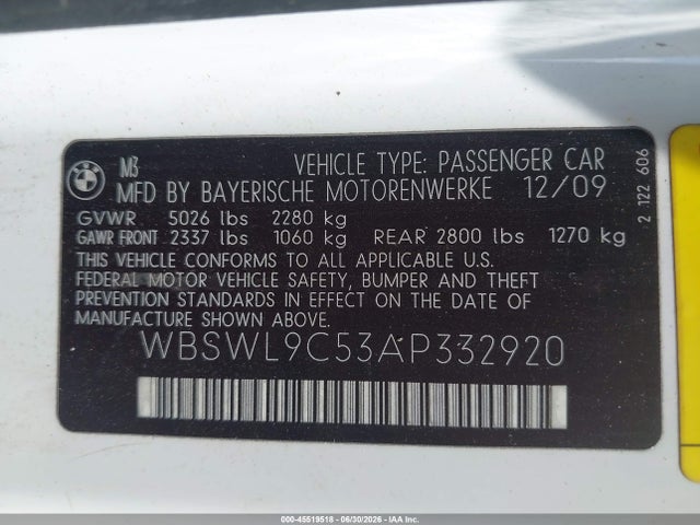 45519518 :رقم المزاد ، WBSWL9C53AP332920 vin ، 2010 Bmw M3 مزاد بيع