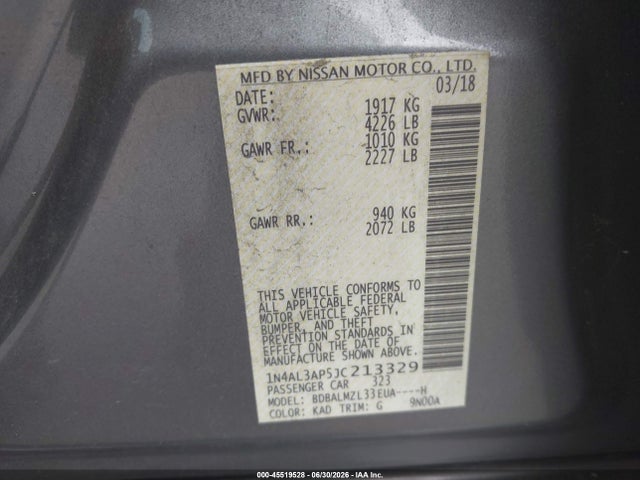 Продаж на аукціоні авто 2018 Nissan Altima 2.5 Sv, vin: 1N4AL3AP5JC213329, номер лоту: 45519528
