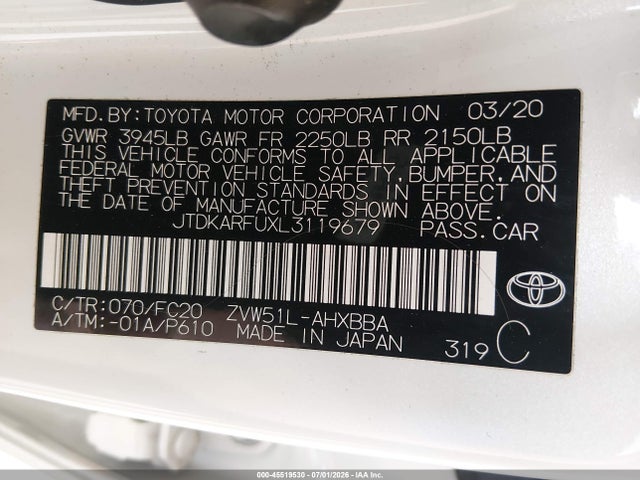 Toyota Prius L Eco 2020 JTDKARFUXL3119679 Image 9