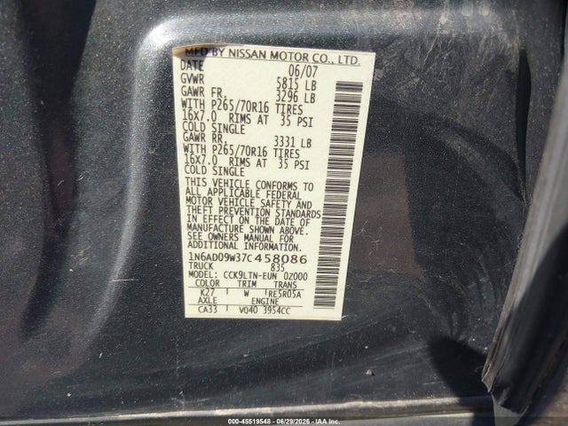 Aukcja sprzedaży 2007 Nissan Frontier Se, vin: 1N6AD09W37C458086, numer aukcji: 45519548