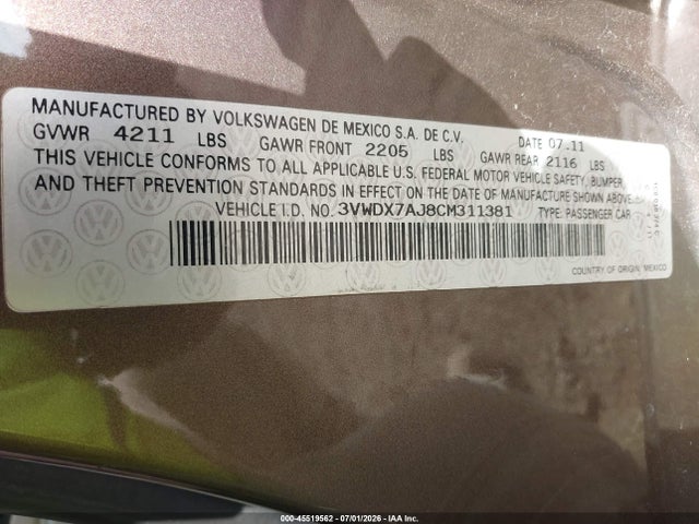Aukcja sprzedaży 2012 Volkswagen Jetta 2.5l Se, vin: 3VWDX7AJ8CM311381, numer aukcji: 45519562