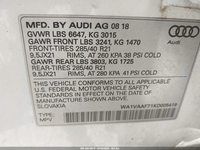 Продаж на аукціоні авто 2019 Audi Q7 55 Premium, vin: WA1VAAF71KD005419, номер лоту: 45519572