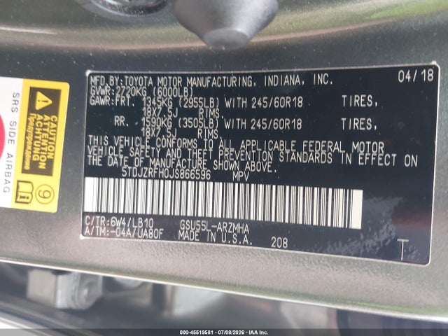 Toyota Highlander Xle 2018 5TDJZRFH0JS866596 Image 9