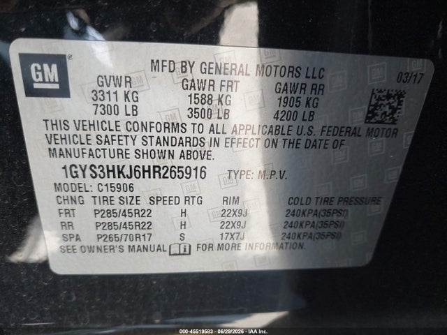 Aukcja sprzedaży 2017 Cadillac Escalade Esv Luxury, vin: 1GYS3HKJ6HR265916, numer aukcji: 45519583
