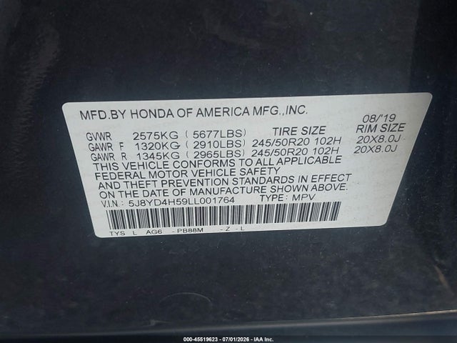 45519623 :رقم المزاد ، 5J8YD4H59LL001764 vin ، 2020 Acura Mdx Technology Package مزاد بيع
