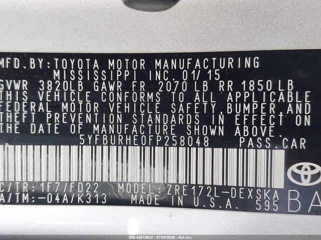 Toyota Corolla S Plus 2015 5YFBURHE0FP258048 Image 9