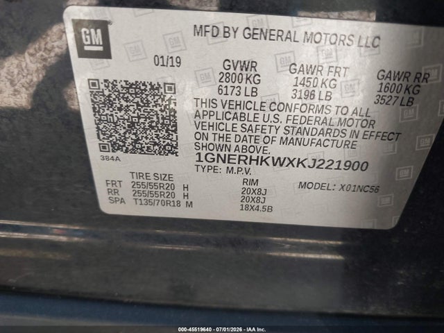 Aukcja sprzedaży 2019 Chevrolet Traverse 3lt, vin: 1GNERHKWXKJ221900, numer aukcji: 45519640