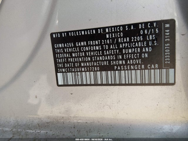 2015 Volkswagen Golf Sportwagen Tsi Se 4-door მანქანა იყიდება აუქციონზე, vin: 3VWC17AU8FM517280, აუქციონის ნომერი: 45519650