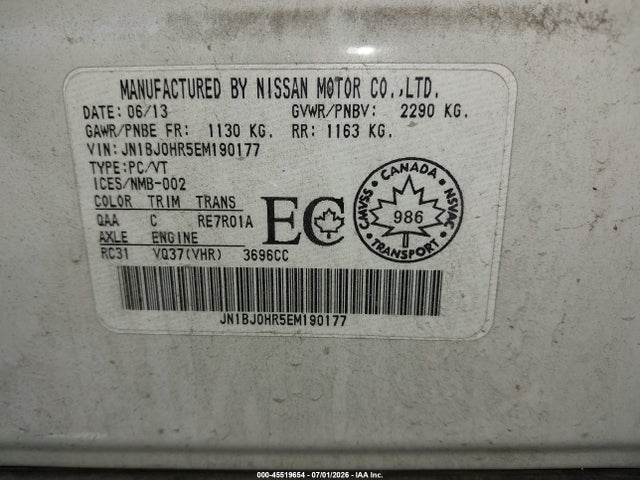 45519654 :رقم المزاد ، JN1BJ0HR5EM190177 vin ، 2014 Infiniti Qx50 Journey مزاد بيع