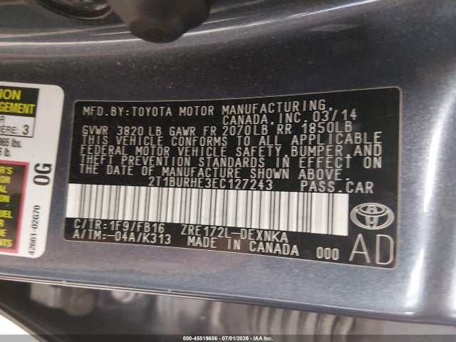 Toyota COROLLA LE 2014 2T1BURHE3EC127243 Image 9