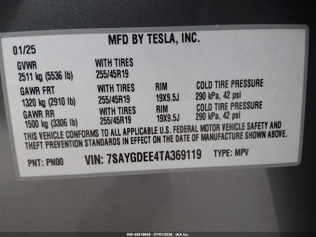 45519658 :رقم المزاد ، 7SAYGDEE4TA369119 vin ، 2026 Tesla Model Y All-wheel Drive/long Range Launch Series/premium All-wheel Drive مزاد بيع