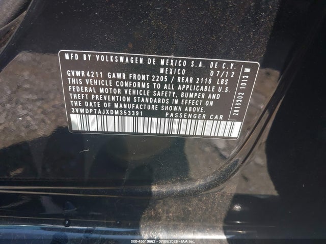 2013 Volkswagen Jetta 2.5l Se მანქანა იყიდება აუქციონზე, vin: 3VWDP7AJXDM353391, აუქციონის ნომერი: 45519662
