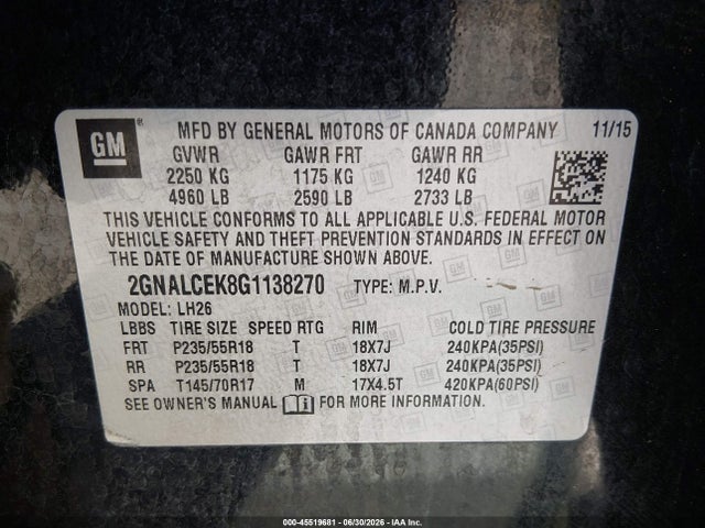 Chevrolet EQUINOX LT 2016 2GNALCEK8G1138270 Image 9