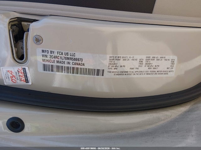2021 Chrysler Pacifica Hybrid Touring L მანქანა იყიდება აუქციონზე, vin: 2C4RC1L78MR586973, აუქციონის ნომერი: 45519686