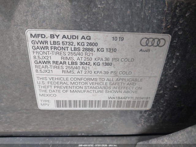 45519702 :رقم المزاد ، WA1B4AFY7L2034181 vin ، 2020 Audi Sq5 Premium Plus Tfsi Quattro Tiptronic مزاد بيع