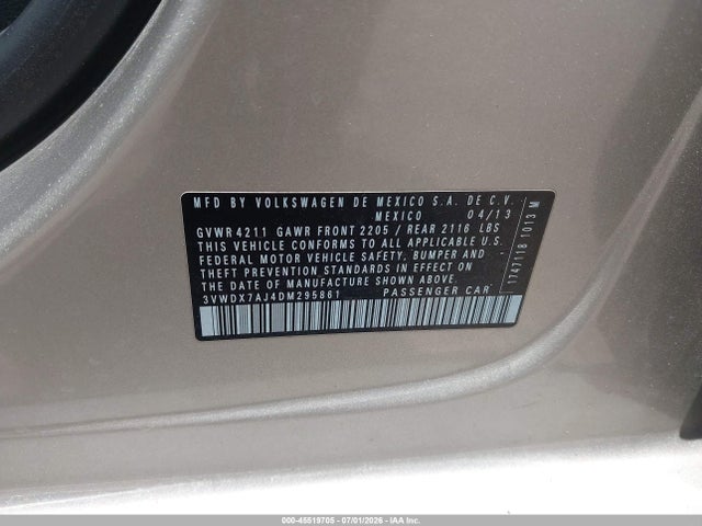 2013 Volkswagen Jetta 2.5l Se მანქანა იყიდება აუქციონზე, vin: 3VWDX7AJ4DM295861, აუქციონის ნომერი: 45519705