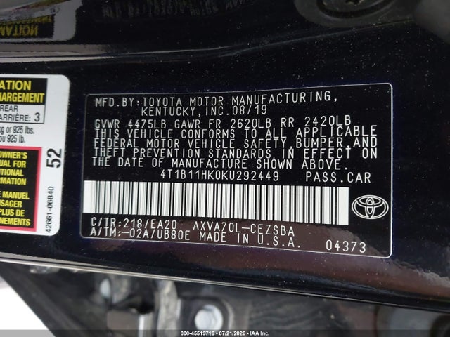 Продаж на аукціоні авто 2019 Toyota Camry Se, vin: 4T1B11HK0KU292449, номер лоту: 45519716