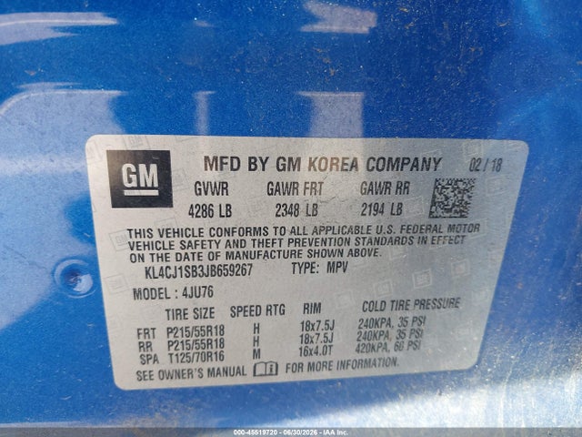 45519720 :رقم المزاد ، KL4CJ1SB3JB659267 vin ، 2018 Buick Encore Sport Touring مزاد بيع