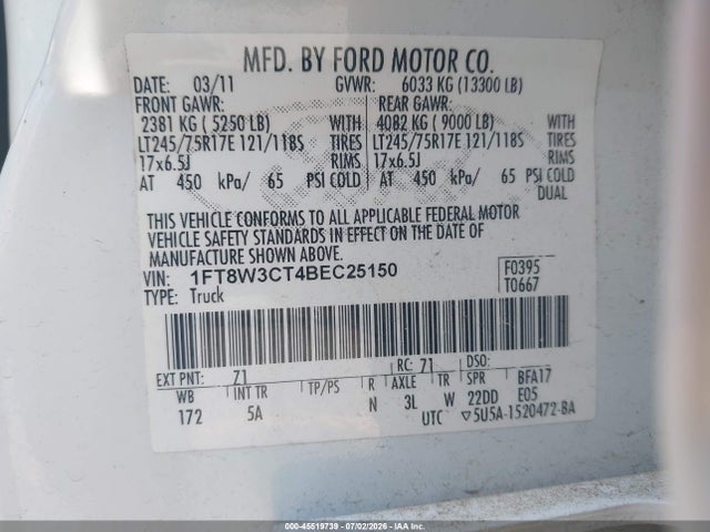 Продаж на аукціоні авто 2011 Ford F-350 Lariat, vin: 1FT8W3CT4BEC25150, номер лоту: 45519739