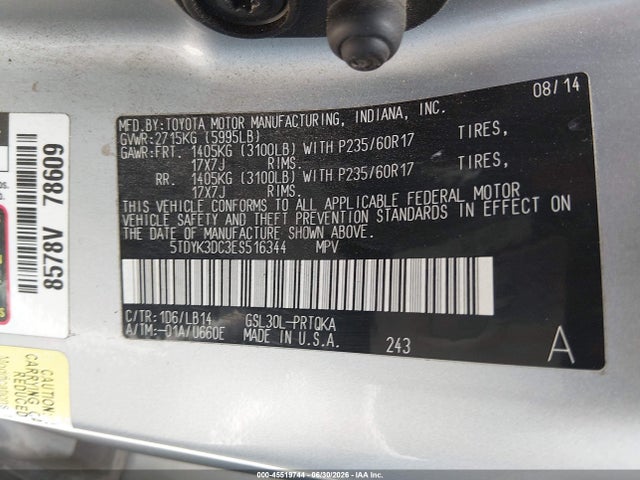 5TDYK3DC3ES516344 Toyota Sienna Xle V6 8 Passenger