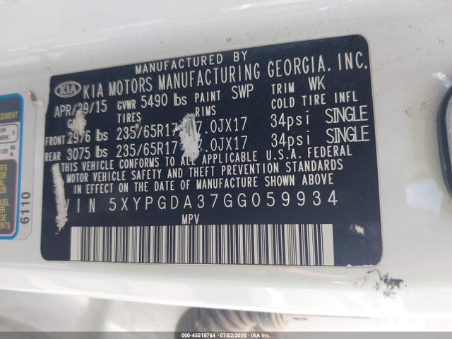 KIA Sorento 2.4l Lx 2016 5XYPGDA37GG059934 Image 9