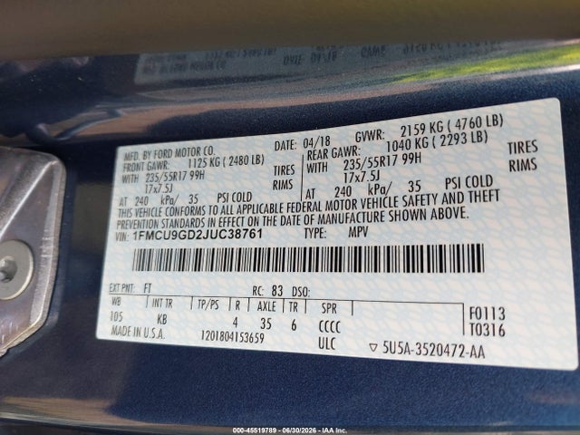 1FMCU9GD2JUC38761 Ford ESCAPE SE