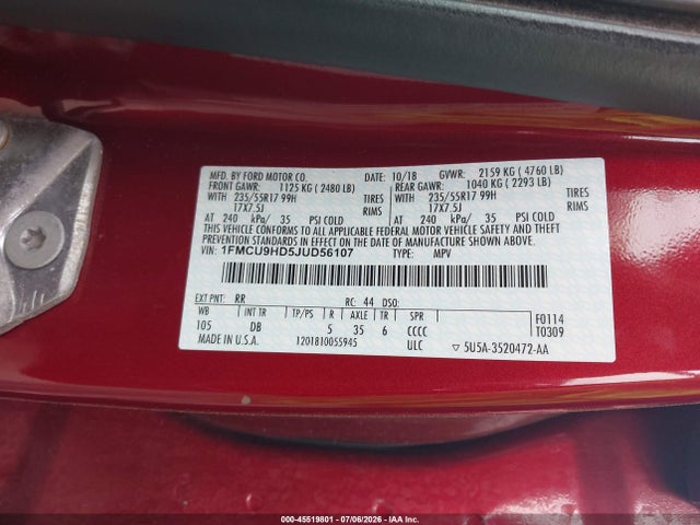 Продажа на аукционе авто 2018 Ford Escape Sel, vin: 1FMCU9HD5JUD56107, номер лота: 45519801
