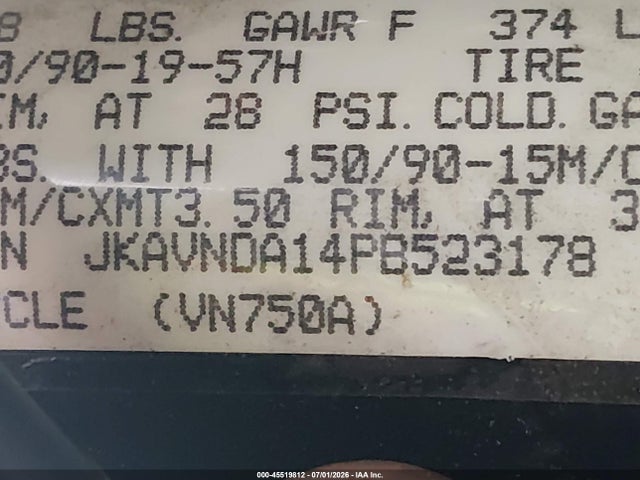 Продажа на аукционе авто 1993 Kawasaki Vn750, vin: JKAVNDA14PB523178, номер лота: 45519812