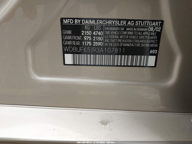 Auction sale of the 2003 Mercedes-benz E 320, vin: WDBUF65J93A107811, lot number: 45519814