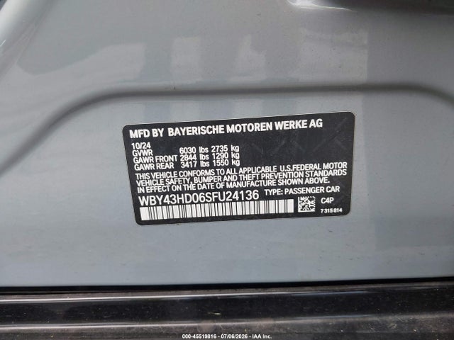Продаж на аукціоні авто 2025 Bmw I4 Gran Coupe Xdrive40, vin: WBY43HD06SFU24136, номер лоту: 45519816