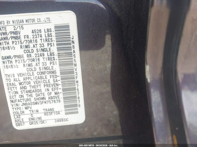 Aukcja sprzedaży 2015 Nissan Rogue Select S, vin: JN8AS5MV3FW757678, numer aukcji: 45519819