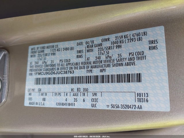1FMCU9GD6JUC38763 Ford ESCAPE SE