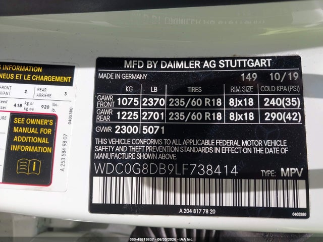Auction sale of the 2020 Mercedes-benz Glc 300, vin: WDC0G8DB9LF738414, lot number: 45519837