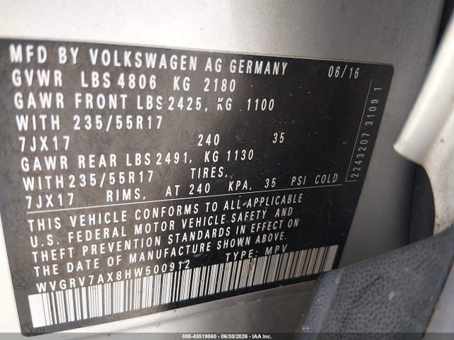 Aukcja sprzedaży 2017 Volkswagen Tiguan 2.0t Wolfsburg Edition, vin: WVGRV7AX8HW500912, numer aukcji: 45519860