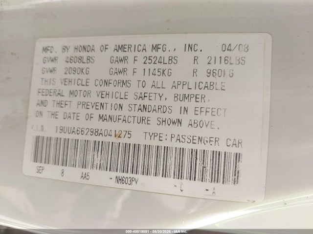 45519881 :رقم المزاد ، 19UUA66298A041275 vin ، 2008 Acura Tl 3.2 مزاد بيع