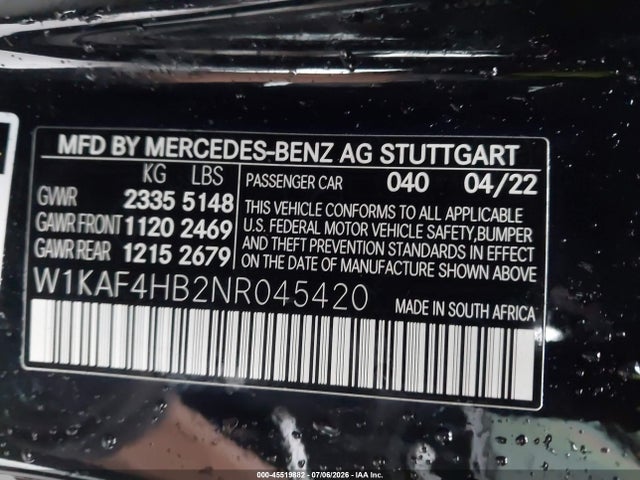 45519882 :رقم المزاد ، W1KAF4HB2NR045420 vin ، 2022 Mercedes-benz C 300 4matic مزاد بيع