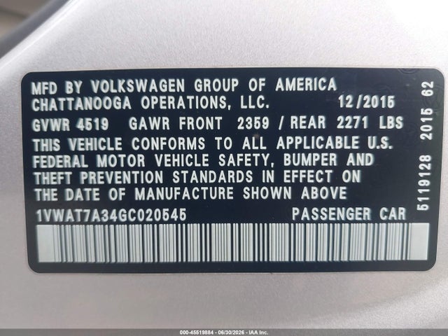 Auction sale of the 2016 Volkswagen Passat 1.8t S, vin: 1VWAT7A34GC020545, lot number: 45519884