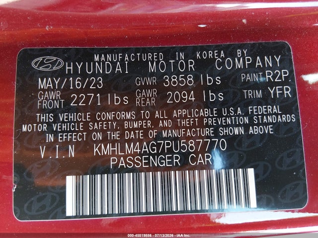 45519886 :رقم المزاد ، KMHLM4AG7PU587770 vin ، 2023 Hyundai Elantra Sel مزاد بيع