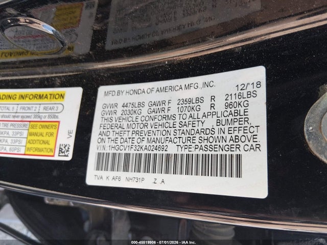 Продажа на аукционе авто 2019 Honda Accord Sport, vin: 1HGCV1F32KA024692, номер лота: 45519906