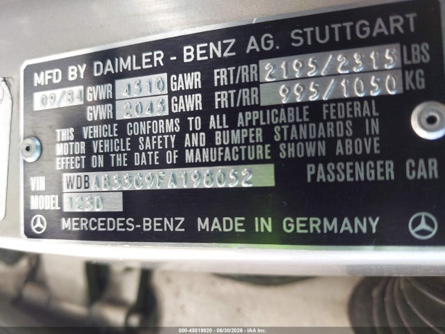 Aukcja sprzedaży 1985 Mercedes-benz 300 Dt, vin: WDBAB33C9FA198052, numer aukcji: 45519920