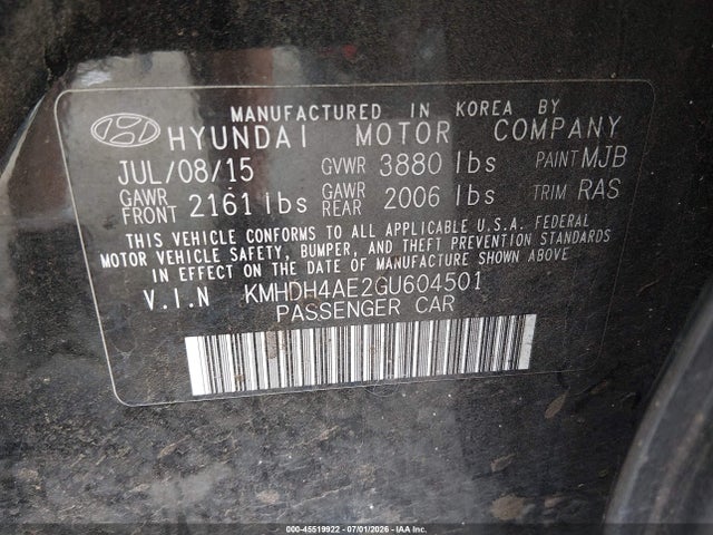 KMHDH4AE2GU604501 Hyundai ELANTRA SE