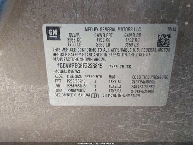 Chevrolet Silverado 1500 Lt 2015 1GCVKREC6FZ226815 Image 9