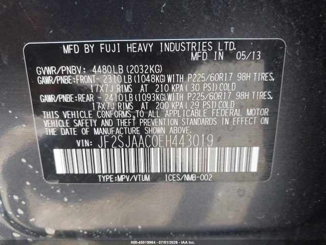 Auction sale of the 2014 Subaru Forester 2.5i, vin: JF2SJAACOEH443019, lot number: 45519964