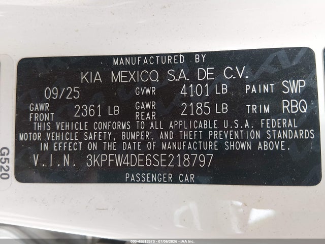 Продаж на аукціоні авто 2025 Kia K4 Gt-line, vin: 3KPFW4DE6SE218797, номер лоту: 45519970