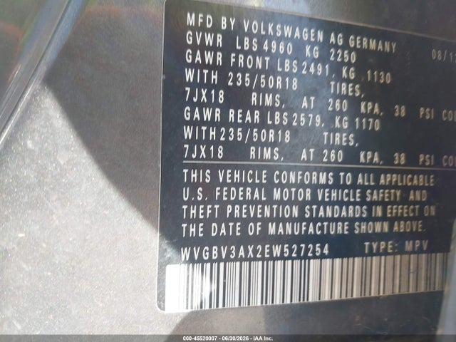 Продажа на аукционе авто 2014 Volkswagen Tiguan Sel, vin: WVGBV3AX2EW527254, номер лота: 45520007