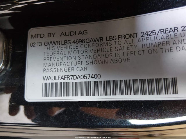 2013 Audi A5 2.0t Premium მანქანა იყიდება აუქციონზე, vin: WAULFAFR7DA057400, აუქციონის ნომერი: 45520010