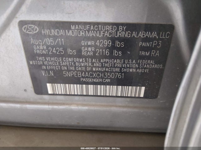 45520027 :رقم المزاد ، 5NPEB4ACXCH350761 vin ، 2012 Hyundai Sonata Gls مزاد بيع